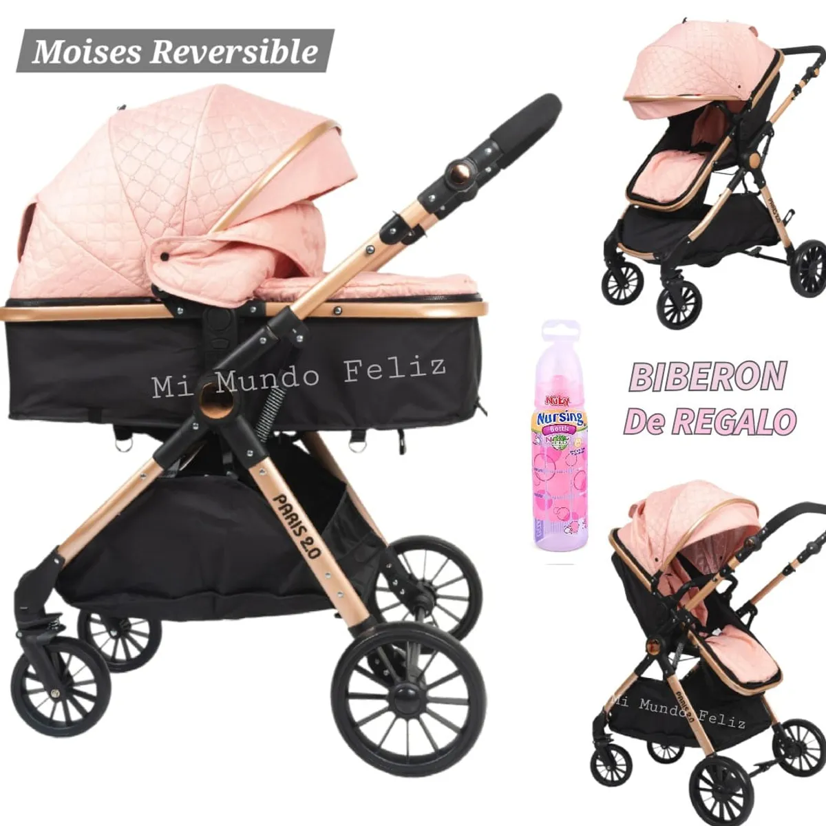 BABY HAPPY - Coche para Bebe Mango Graduable Amplio Palo Rosa 2025