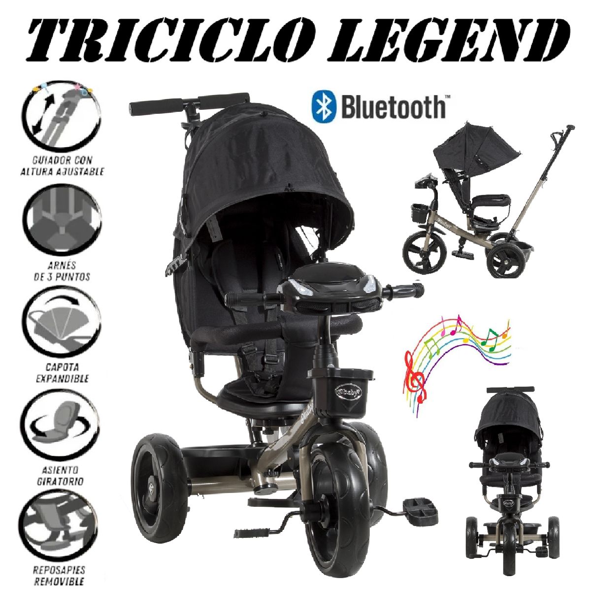 EBABY - Triciclo Guiador 3 En 1 USB Bluetooth LEGEND EB362-NEGRO