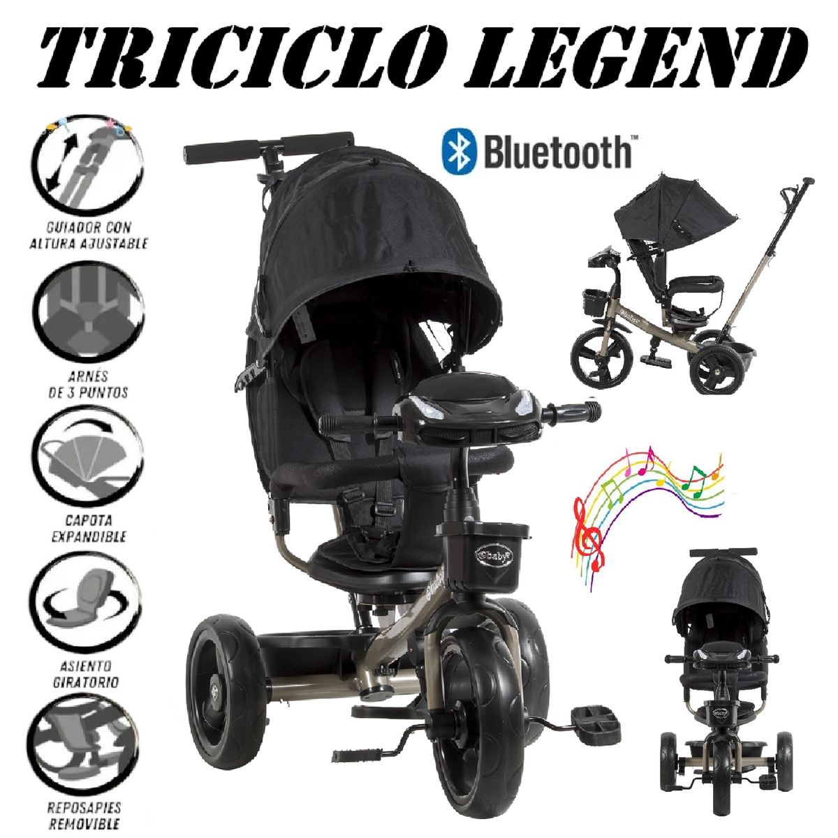 EBABY - Triciclo Guiador 3 En 1 USB Bluetooth LEGEND EB362-NEGRO