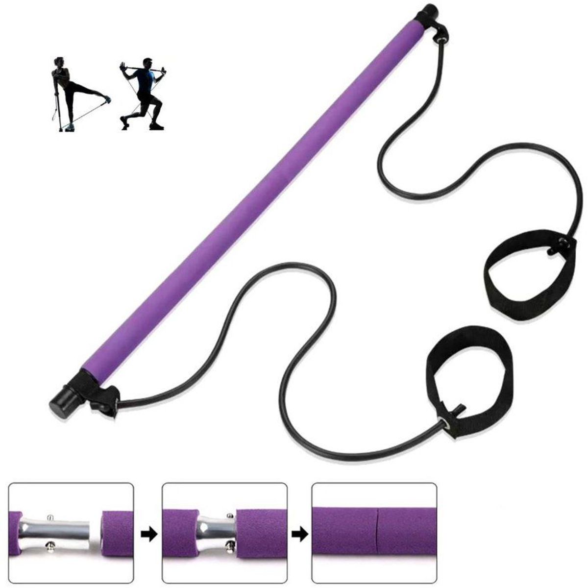 GENERICO - Barra portátil yoga pilates gym stick con ligas resistencia
