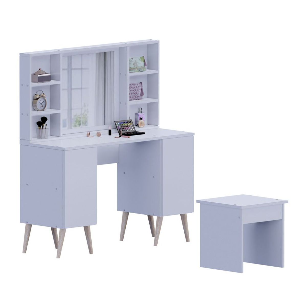 MOVENDA - Tocador Zafiro con Espejo y Banqueta 2 Puertas Movenda Blanco