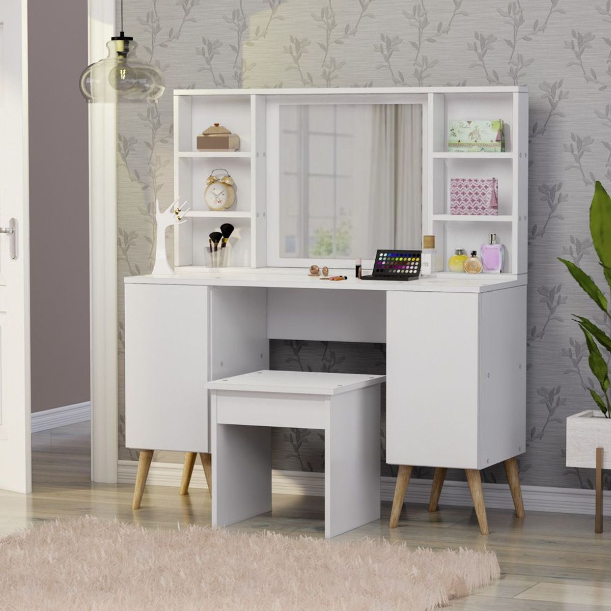 MOVENDA - Tocador Zafiro con Espejo y Banqueta 2 Puertas Movenda Blanco