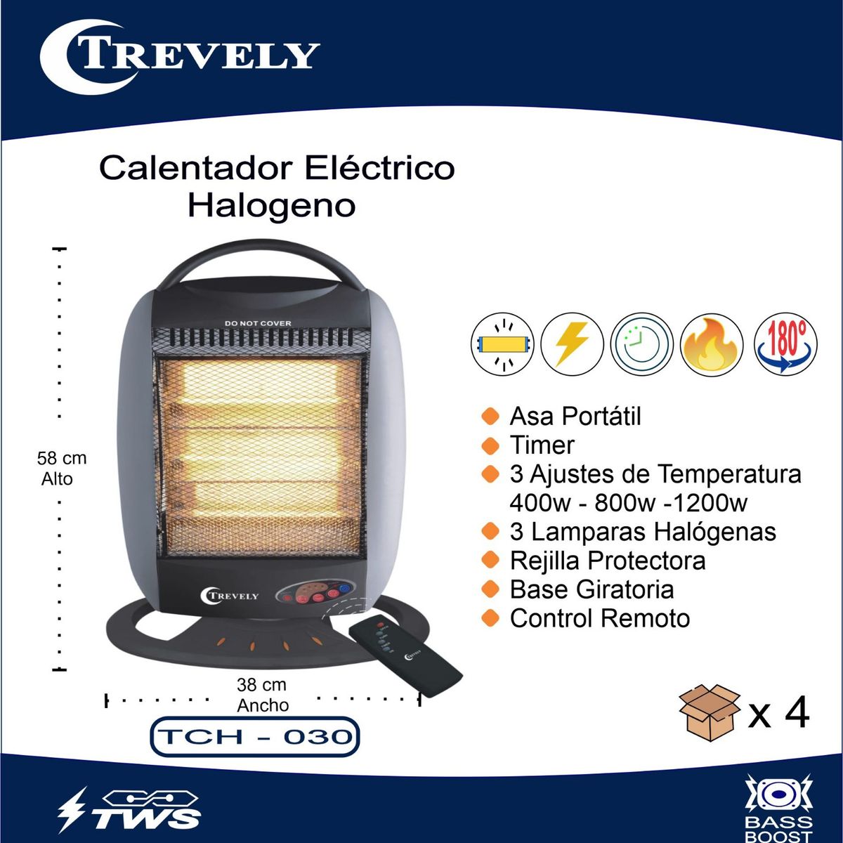 TREVELY - Calefactor TREVELY Halógeno  TCH-030 - Gris - Control remoto -1200W