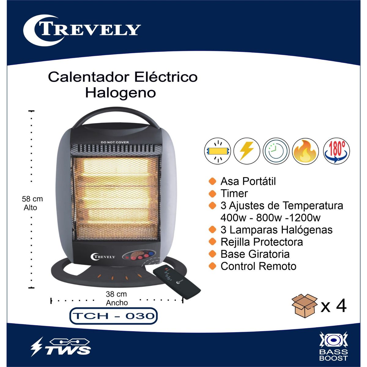 TREVELY - Calefactor TREVELY Halógeno  TCH-030 - Gris - Control remoto -1200W