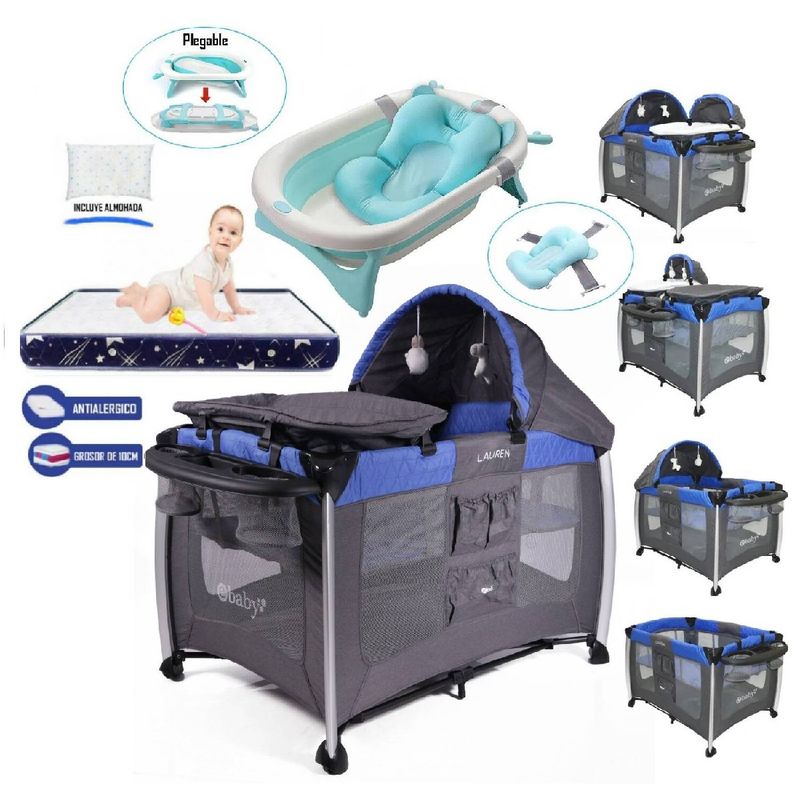 EBABY - Cuna Corral Lauren Azul y Colchón Azul Marino y Tina Azul