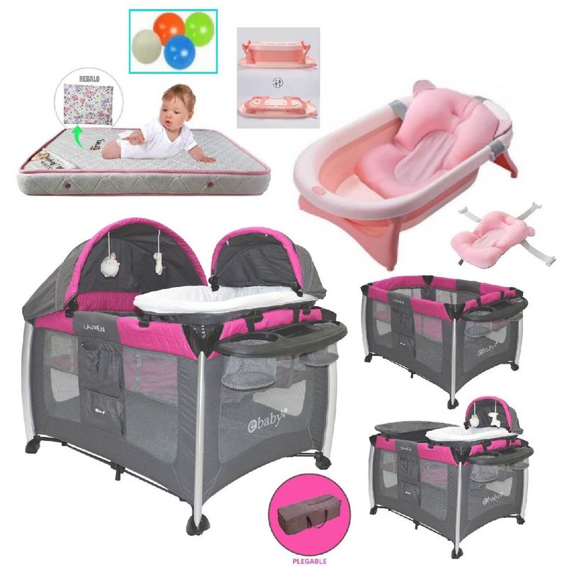 EBABY - Cuna Corral Lauren Rosa y Colchón con Pelotas Rosa y Tina Rs