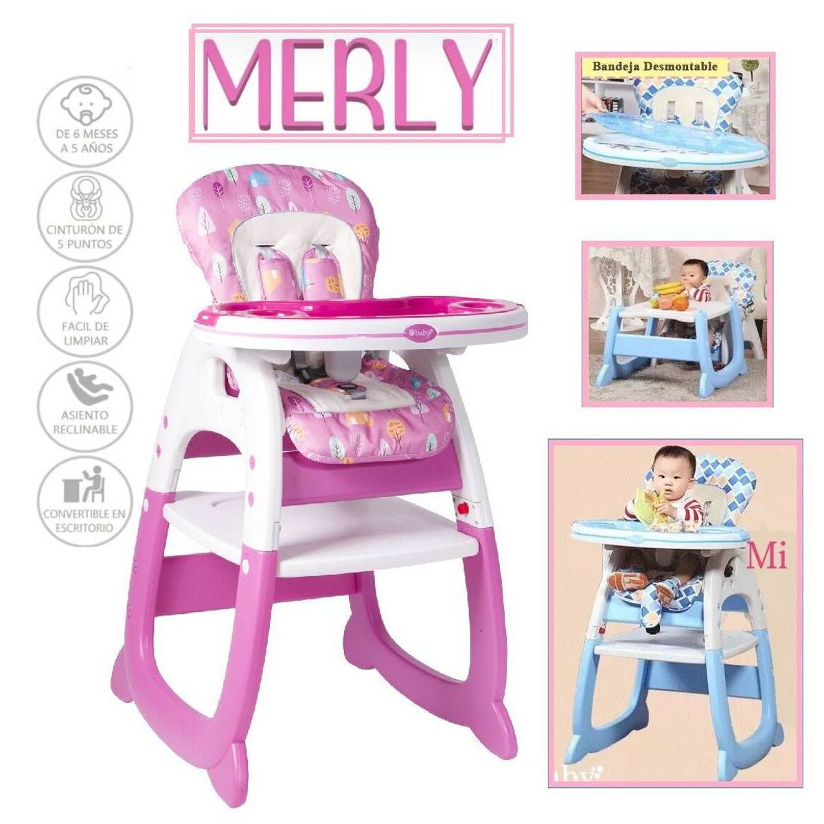 EBABY - Silla con carpeta 3 en 1 comer/estudiar/jugar Merly Rosada