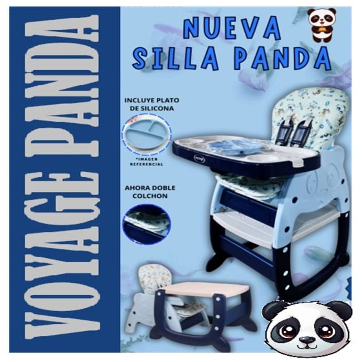 VOYAGE - Sillad de Comer panda azul 2 niveles con plato