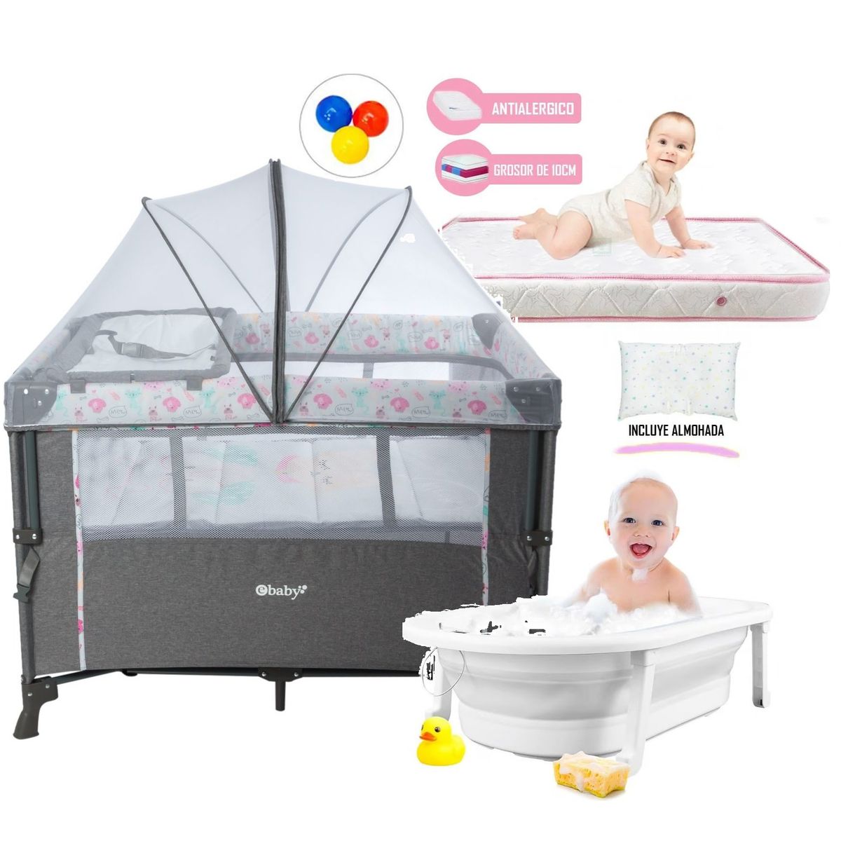 EBABY - Cuna Corral Nala Colecho Azul y Colchón Rosa + Tina gris