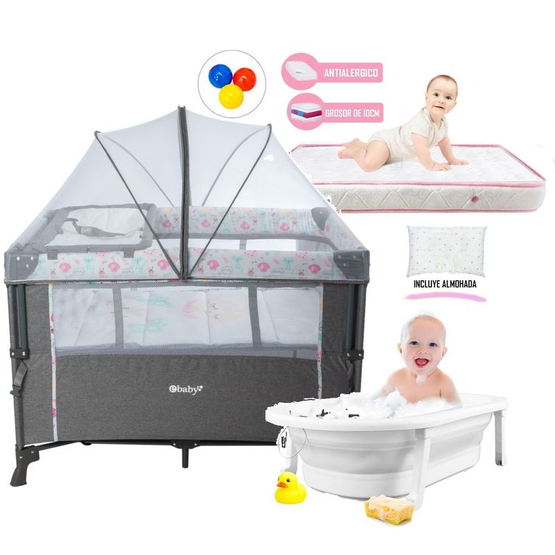 EBABY - Cuna Corral Nala Colecho Azul y Colchón Rosa + Tina gris