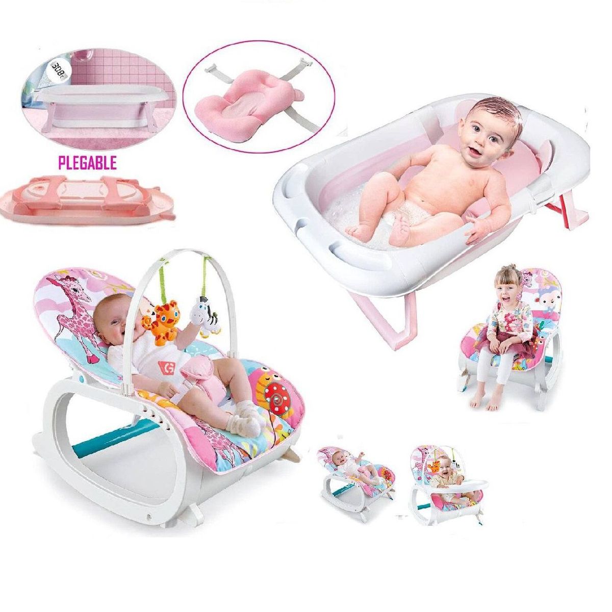IDEAL - Mecedora 2 en1 + tina pegable con cojin rosa