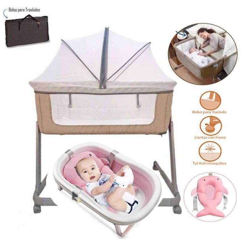 EBABY - Cuna Colecho adaptador a la cama Beige y Tina pegable Rosa