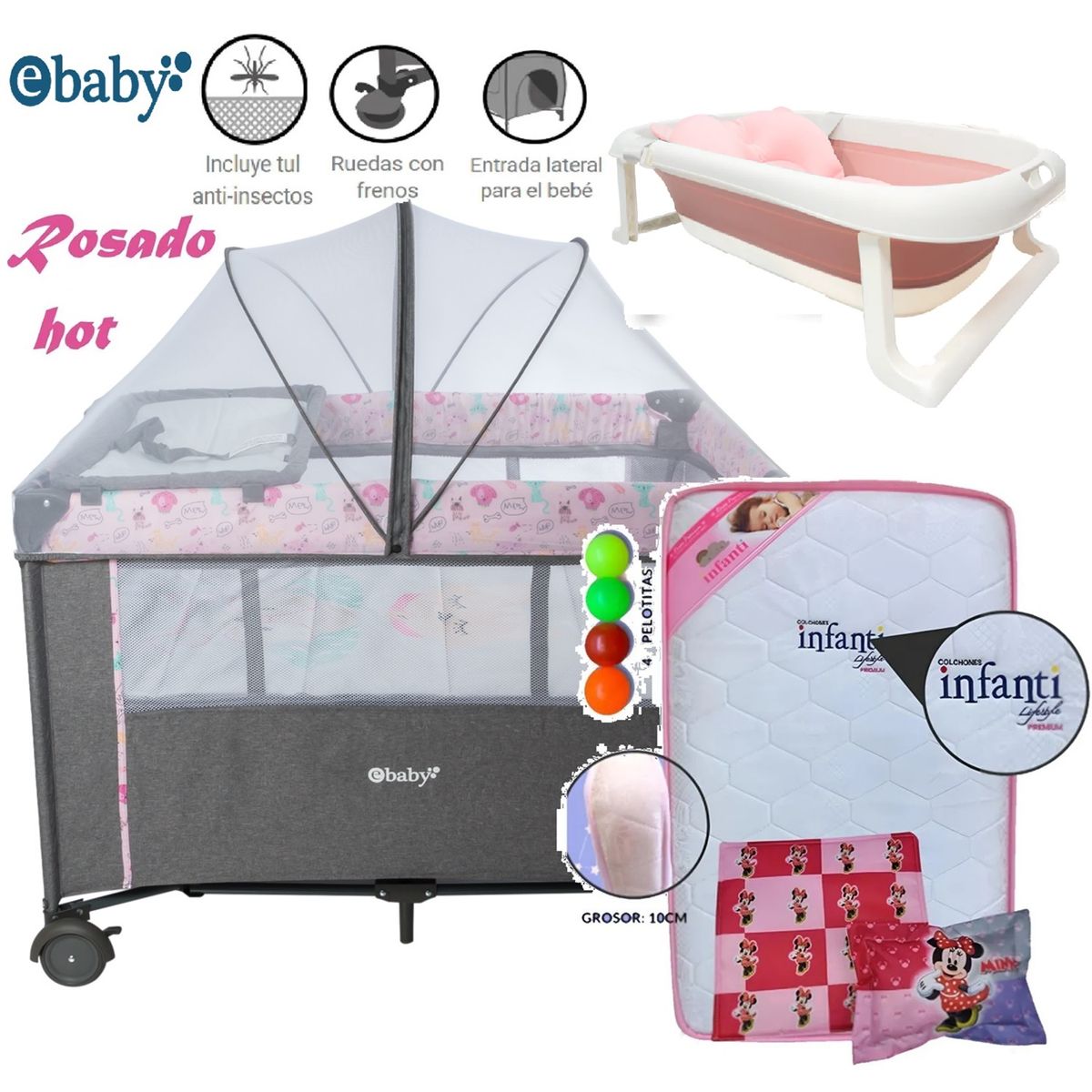 EBABY - Cuna Corral Mecedora NALA Rosa y Colchón Rosa y Tina