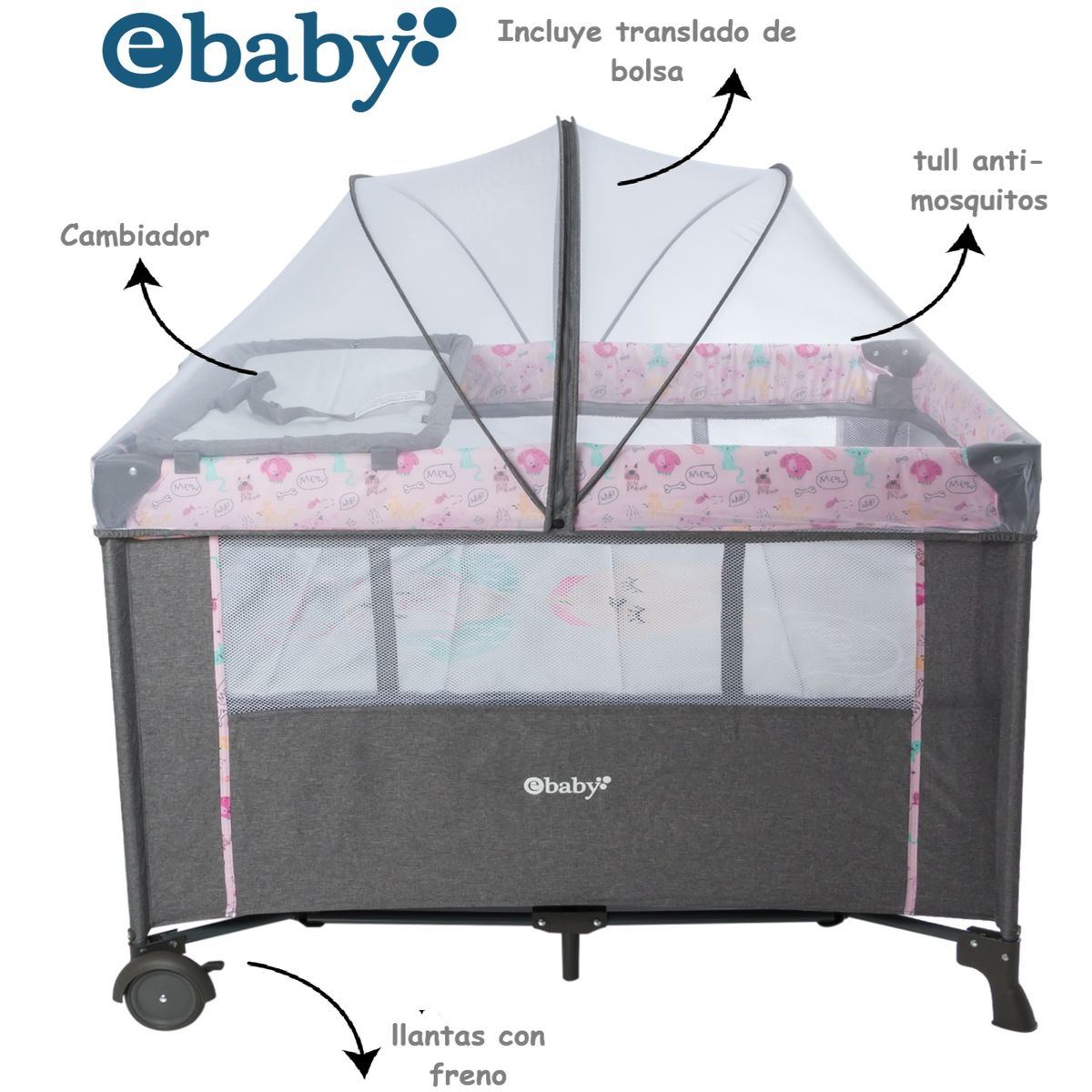 EBABY - Cuna Corral Mecedora NALA Rosa y Colchón Rosa y Tina