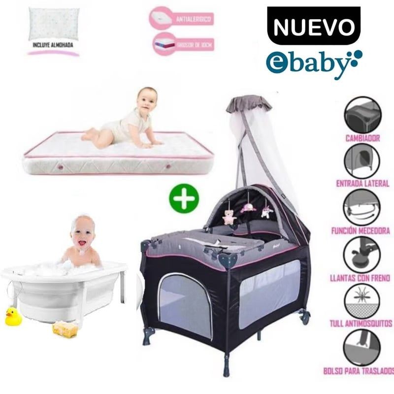 EBABY - Cuna Corral Mecedora Sally + Colchon + Tina con Cojin