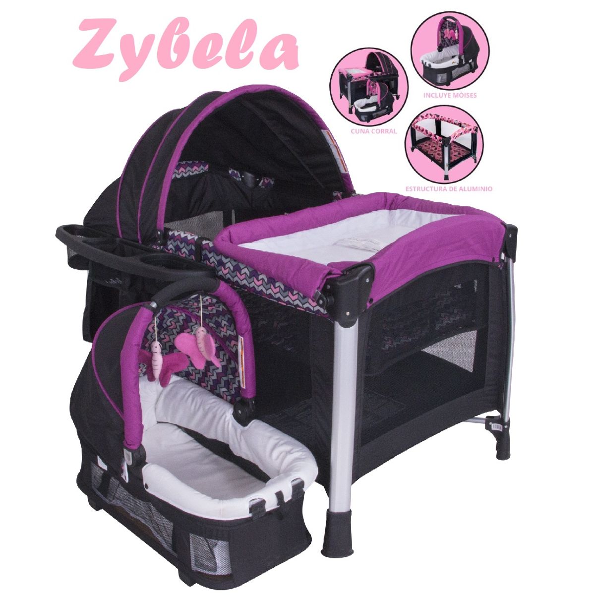 EBABY - Cuna corral Con Cambiador Y Moisés Morado Zybela 721