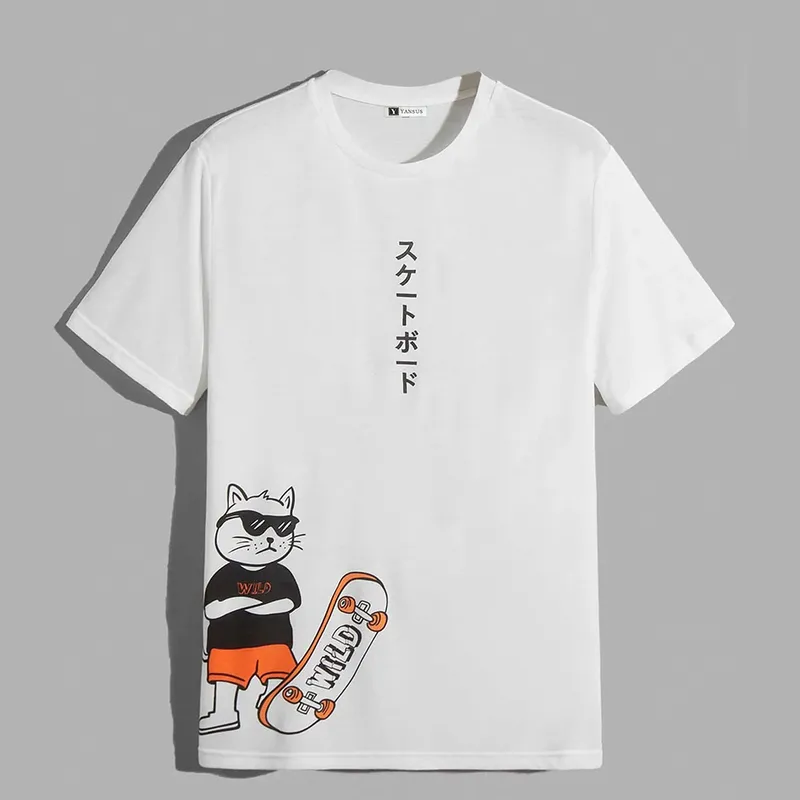 YANSUS - Polo Blanco Hombre Yansus Estampado Gato Japones