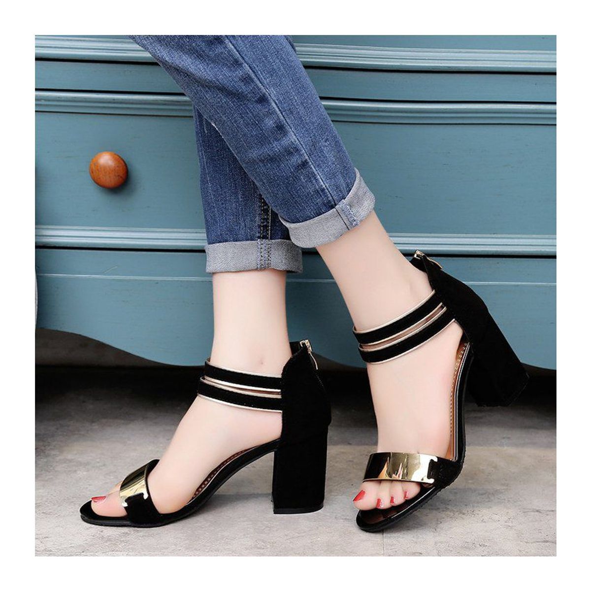 VATYERTY - Sandalias con tacones cuadrados casual para mujer-negro
