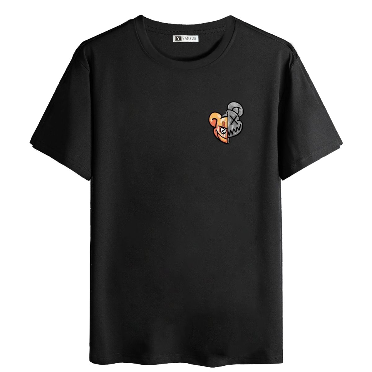 YANSUS - Polo Yansus Negro Con Estampado De Oso Y Manga Corta