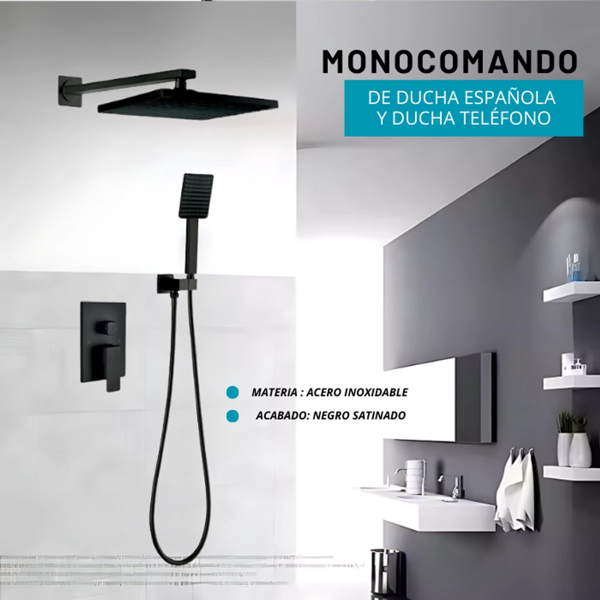 XM - MEZCLADORA DE DUCHA Y TELEFONO CUADRADO NEGRO MT304-010D901