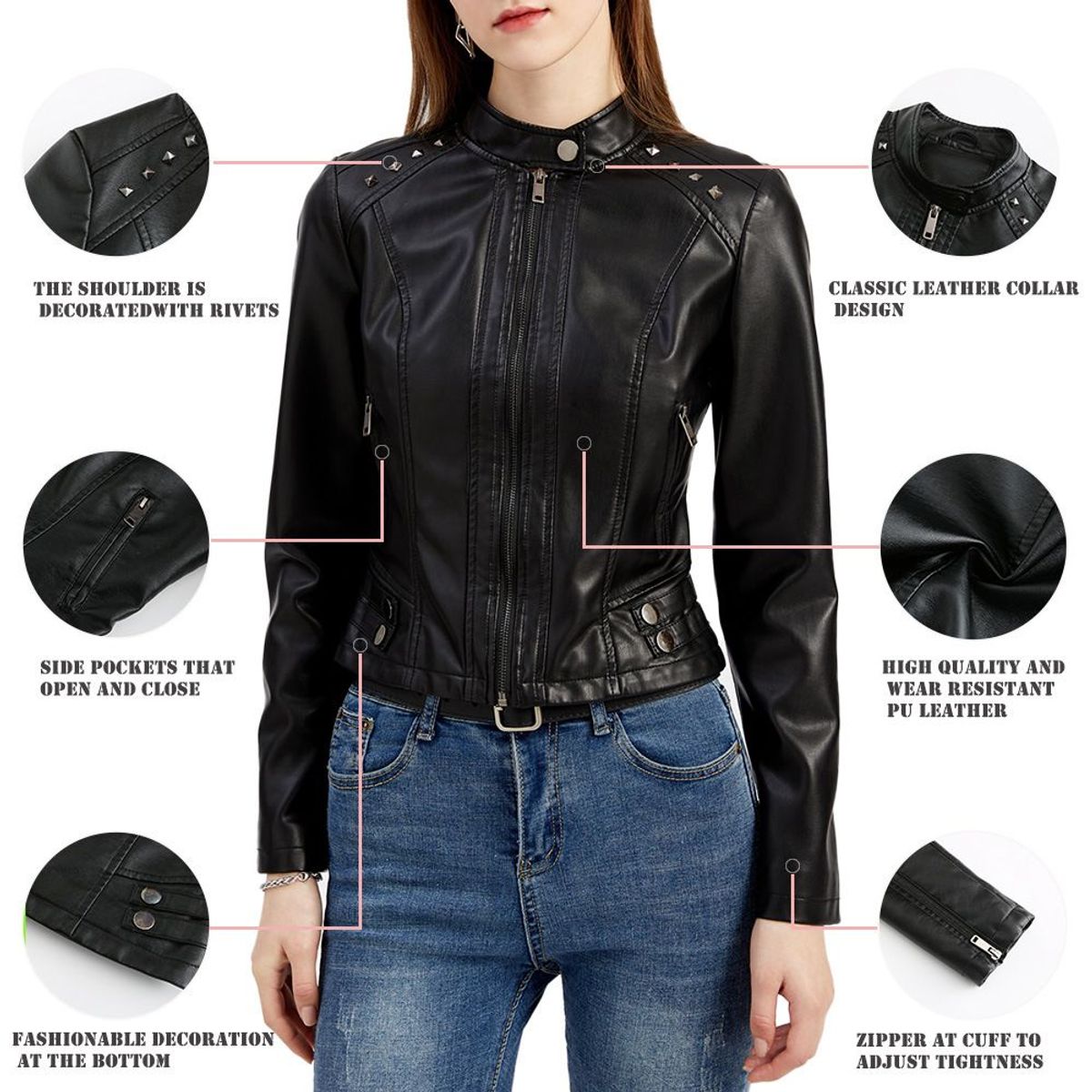 BLWOENS - Chaqueta tipo cuero de las mujeres-negro
