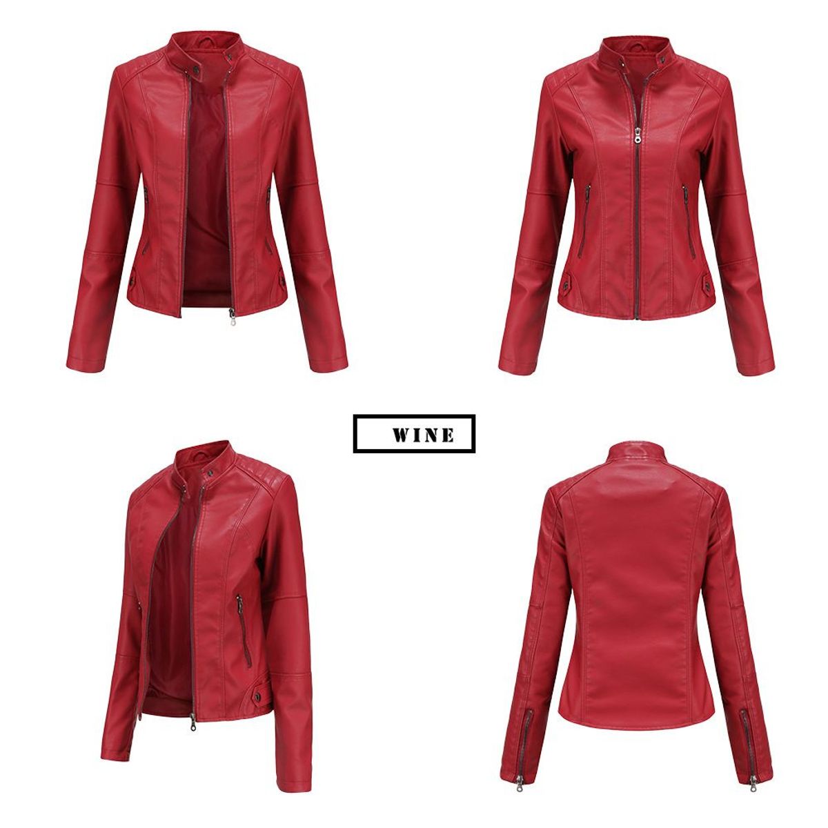GENERICO - Chaqueta tipo cuero mujer pu saco chaquetas para mujer-rojo