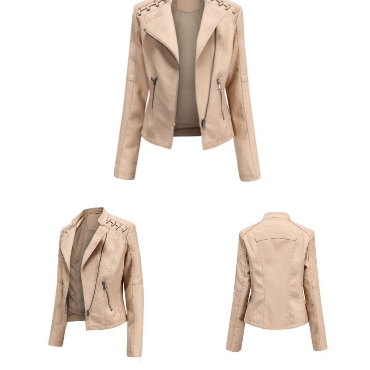 GENERICO - Chaqueta tipo cuero mujer pu saco chaquetas para mujer-beige