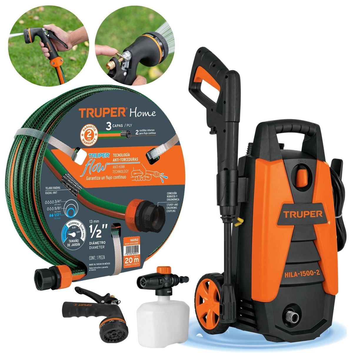 TRUPER - Hidrolavadora  manguera 20m  Pistola de riego Truper