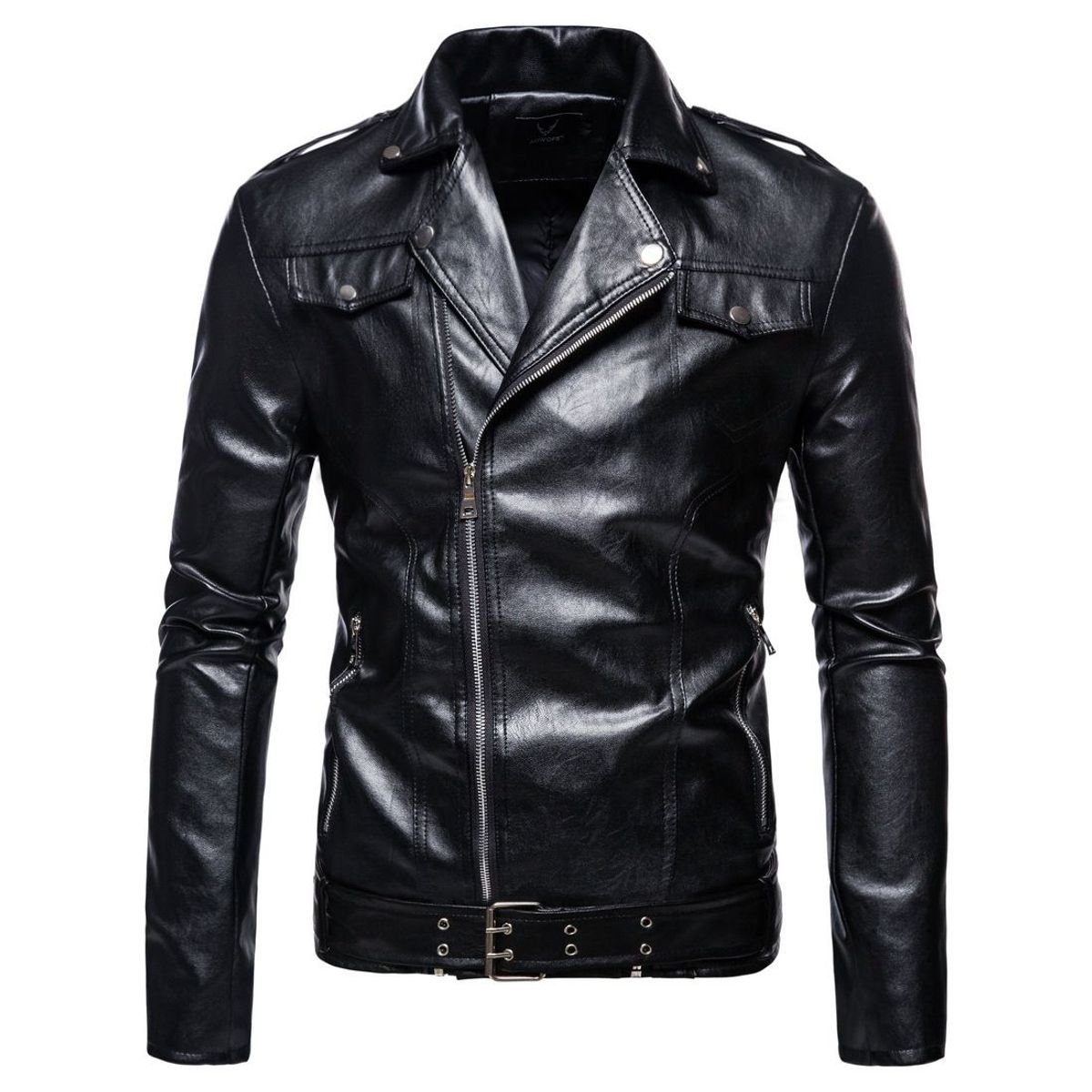 GENERICO - Chaqueta de pu con cremallera ajustada para hombre de otoño negro