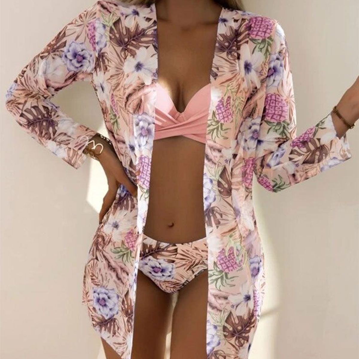 BLWOENS - Ropa de baño bikini push up con estampado de planta - 3 piezas