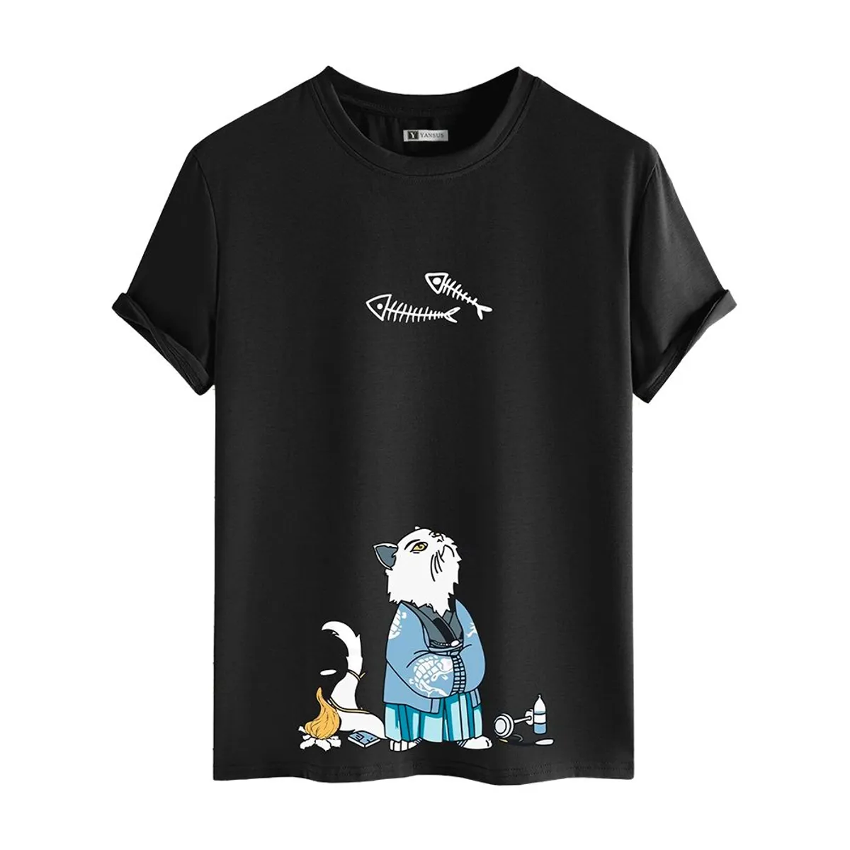 YANSUS - Polo Hombre Yansus Negro Estampado Gato