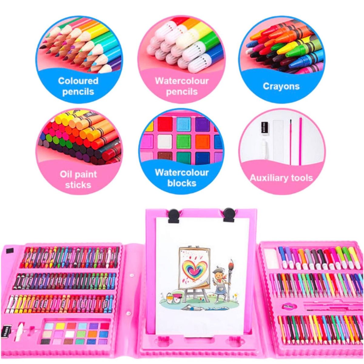 GENERICO - SET DE ARTE Y DIBUJO PARA NIÑOS 208 PIEZAS ROSADO