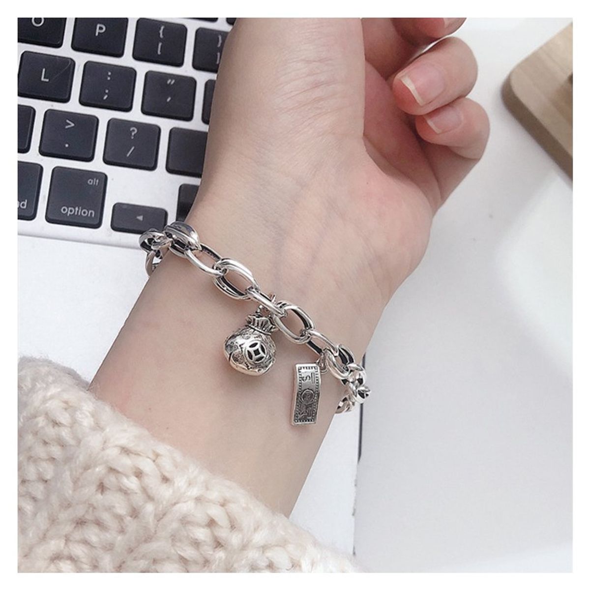 VATYERTY - Pulsera de cadena de bolsa de la suerte de dólar de plata 925