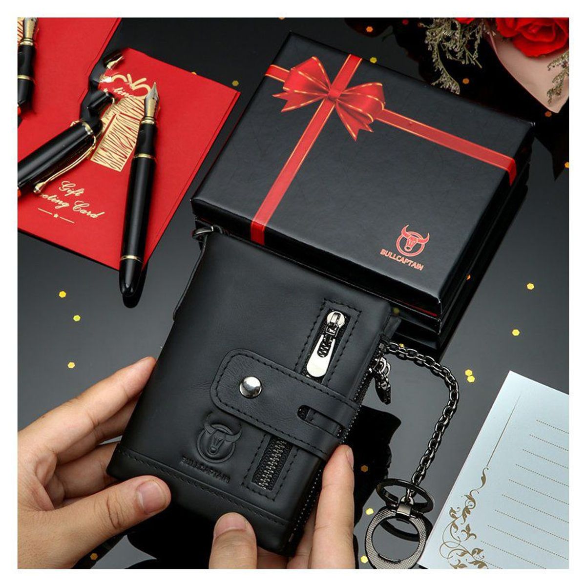 VATYERTY - Leather phone stand cadena antirrobo billetera negro con caja