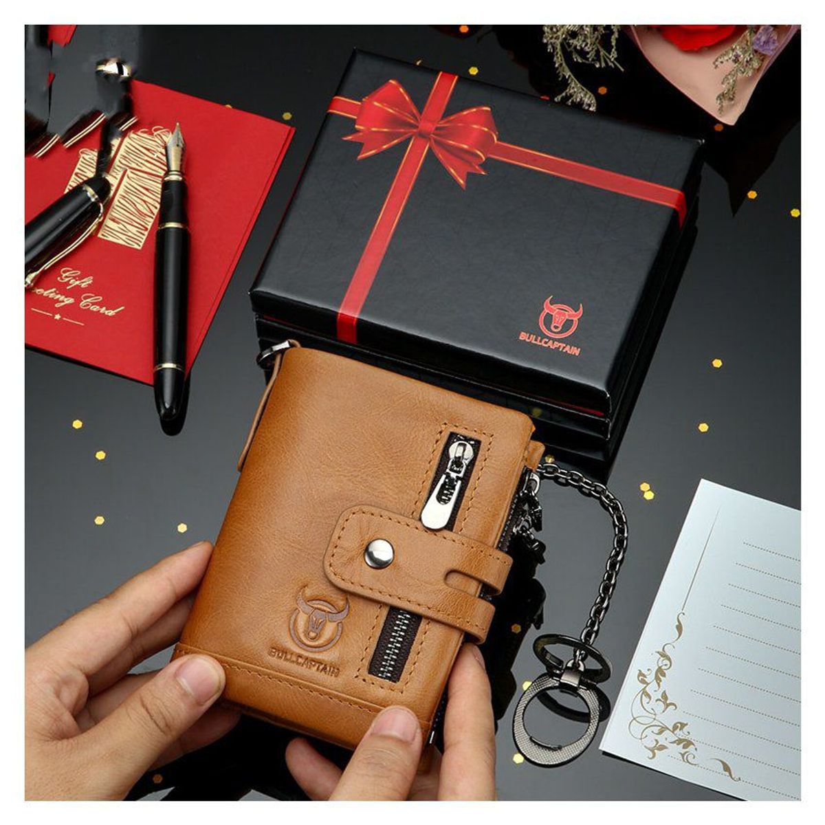 VATYERTY - Leather phone stand cadena antirrobo billetera marrón con caja