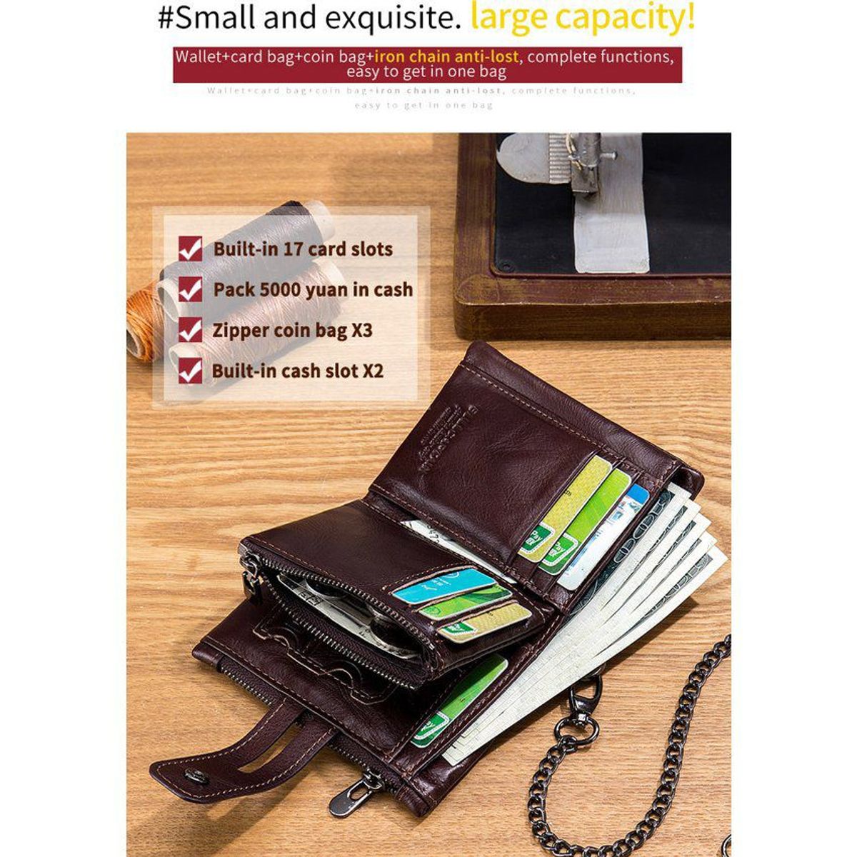 VATYERTY - Leather phone stand cadena antirrobo billetera marrón con caja