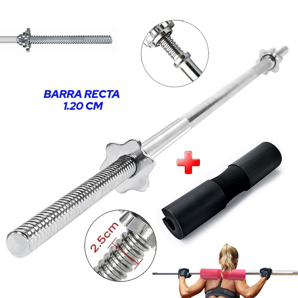 HOLGU - Barra Recta Cromada Pesas  1.20cm + almohadilla protectora