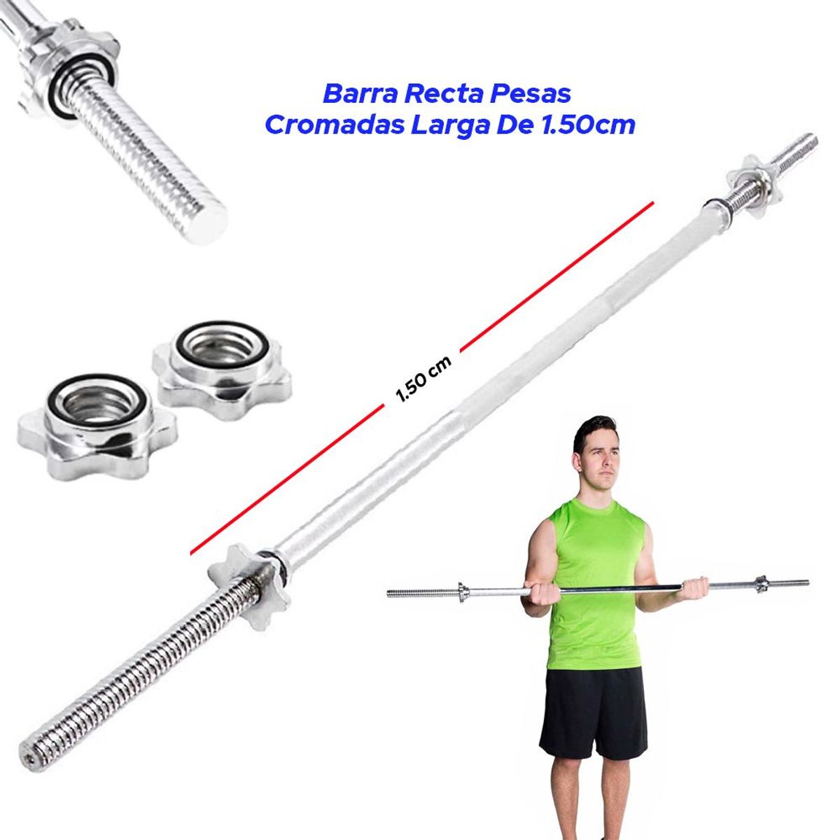 HOLGU - Barra Recta Pesas Cromadas Larga De 150cm