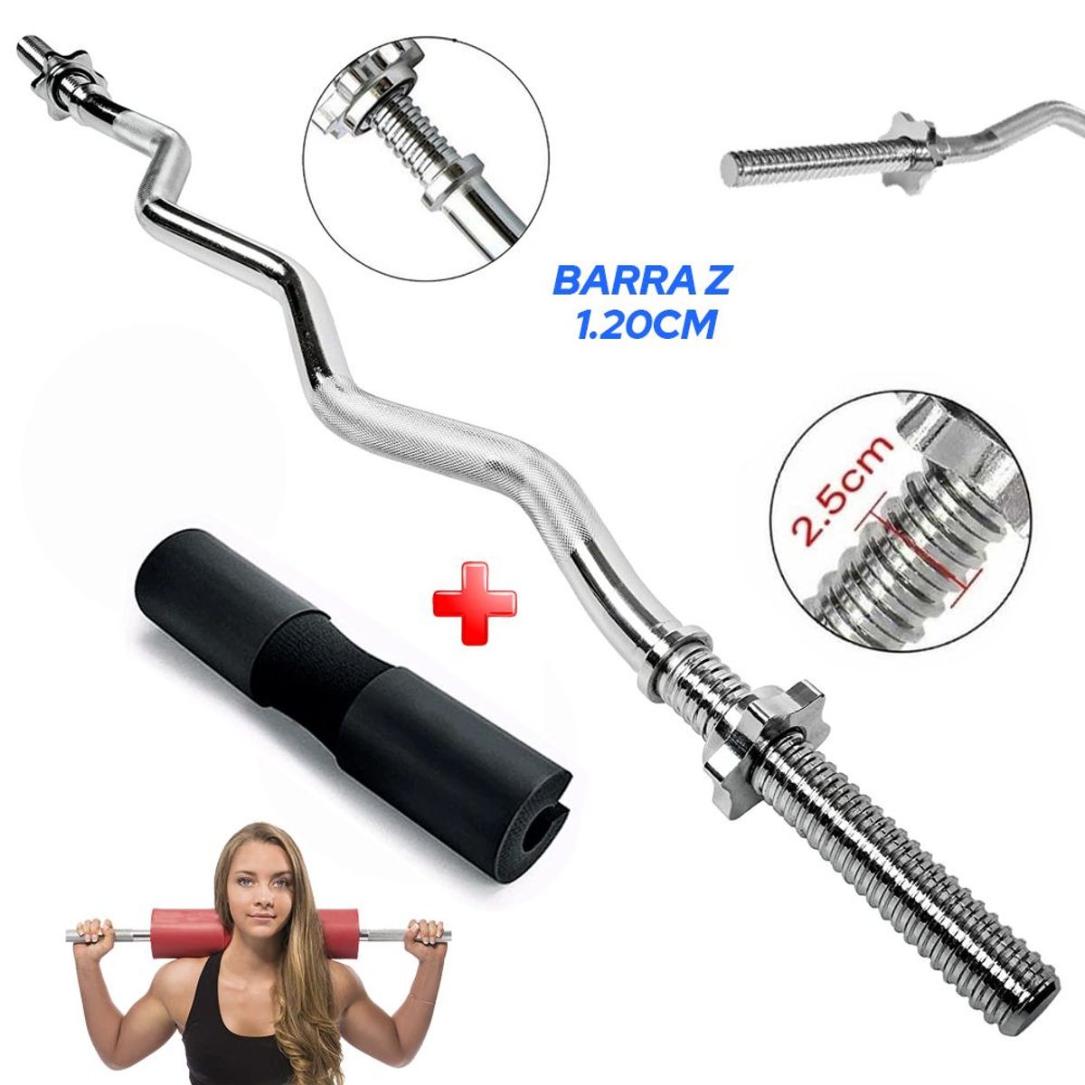 GENERICO - Barra W Cromada Pesas 120cm  almohadilla protectora