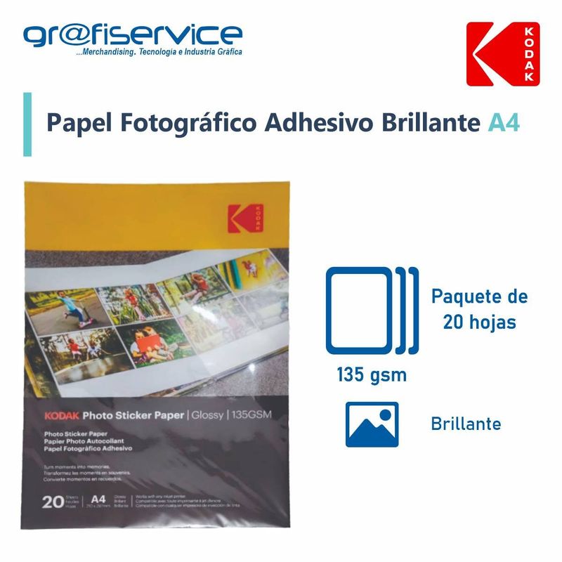 KODAK - Papel Fotográfico Adhesivo Brillante A4 Kodak 20h 135g