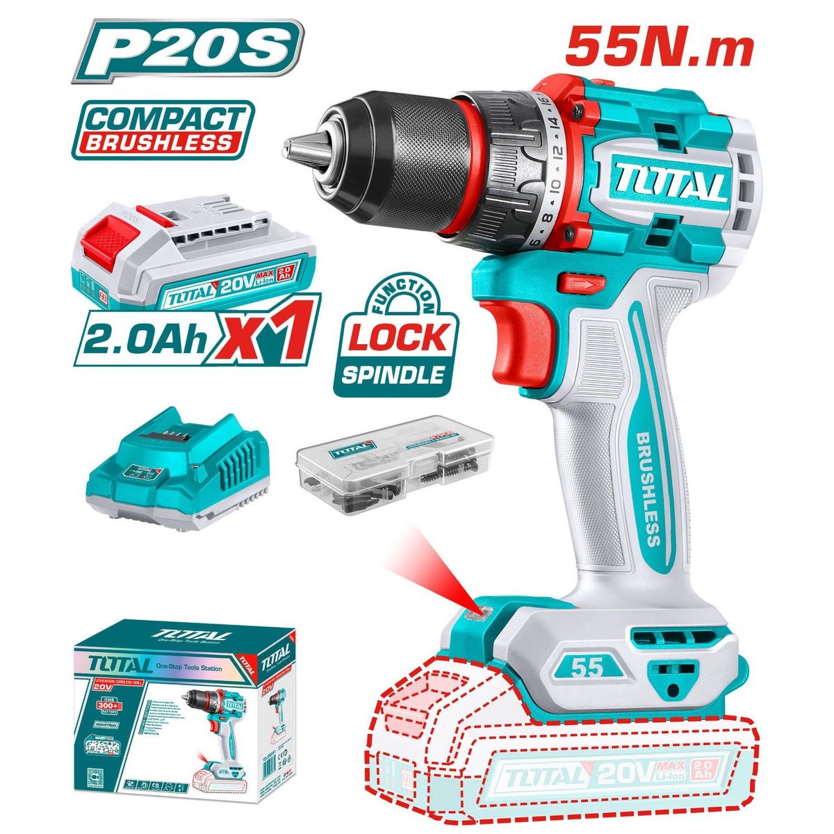 TOTAL TOOLS - Atornillador Brushless 55nm De 20v Chuk Metalico De 13mm-TDLI205582
