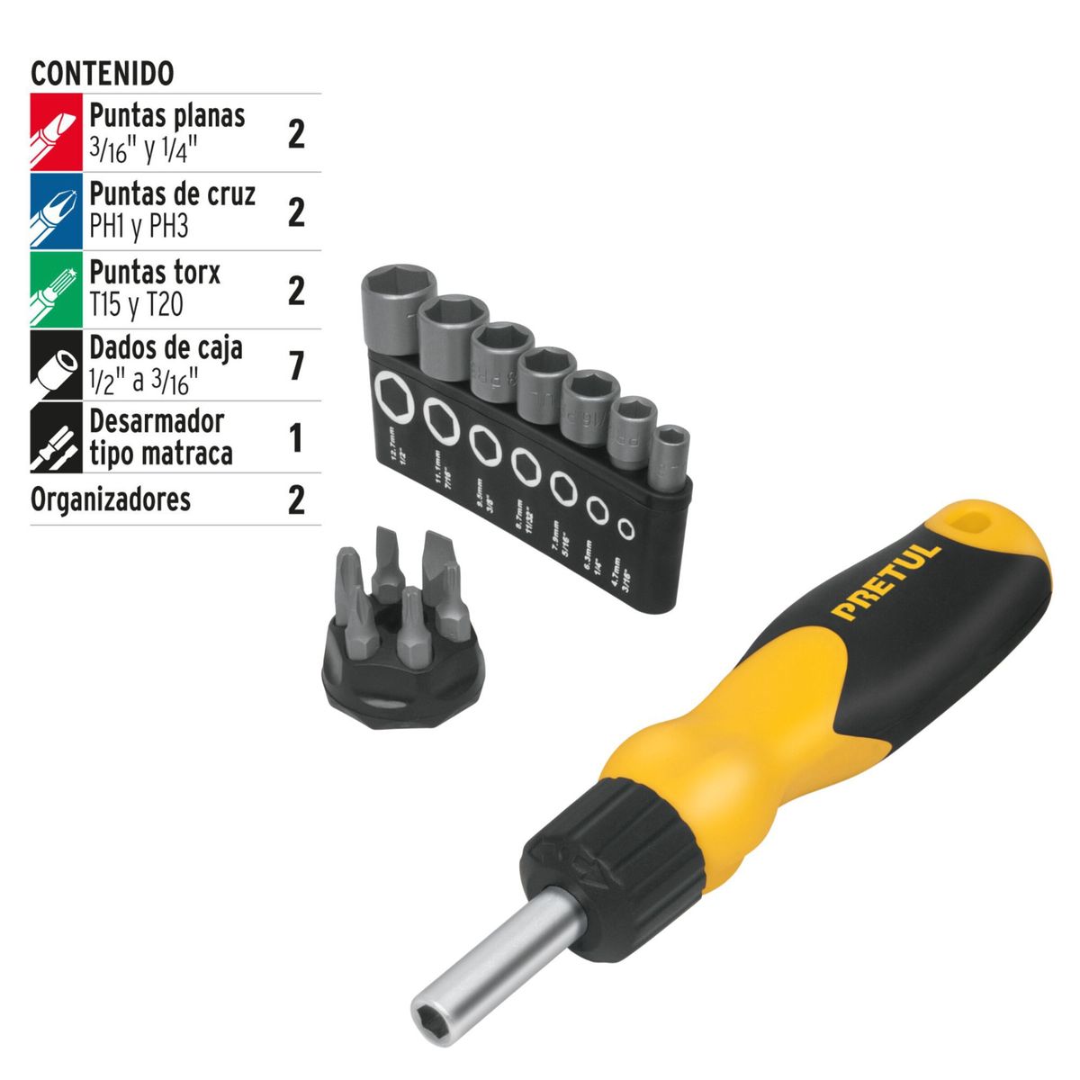 PRETUL - Desarmador multiuso con 7 dados y 6 puntas, Pretul