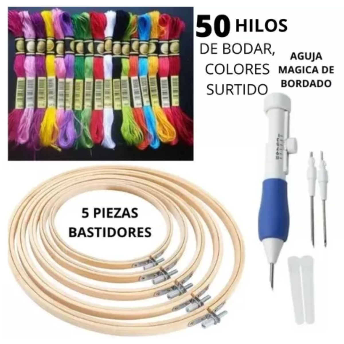 GENERICO - Set Bordado 5 Bastidores + Aguja Mágica +50 Hilos Bordar Kit