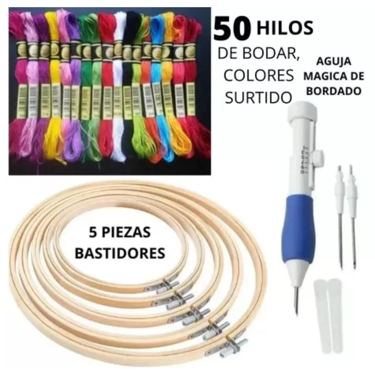 GENERICO - Set Bordado 5 Bastidores + Aguja Mágica +50 Hilos Bordar Kit