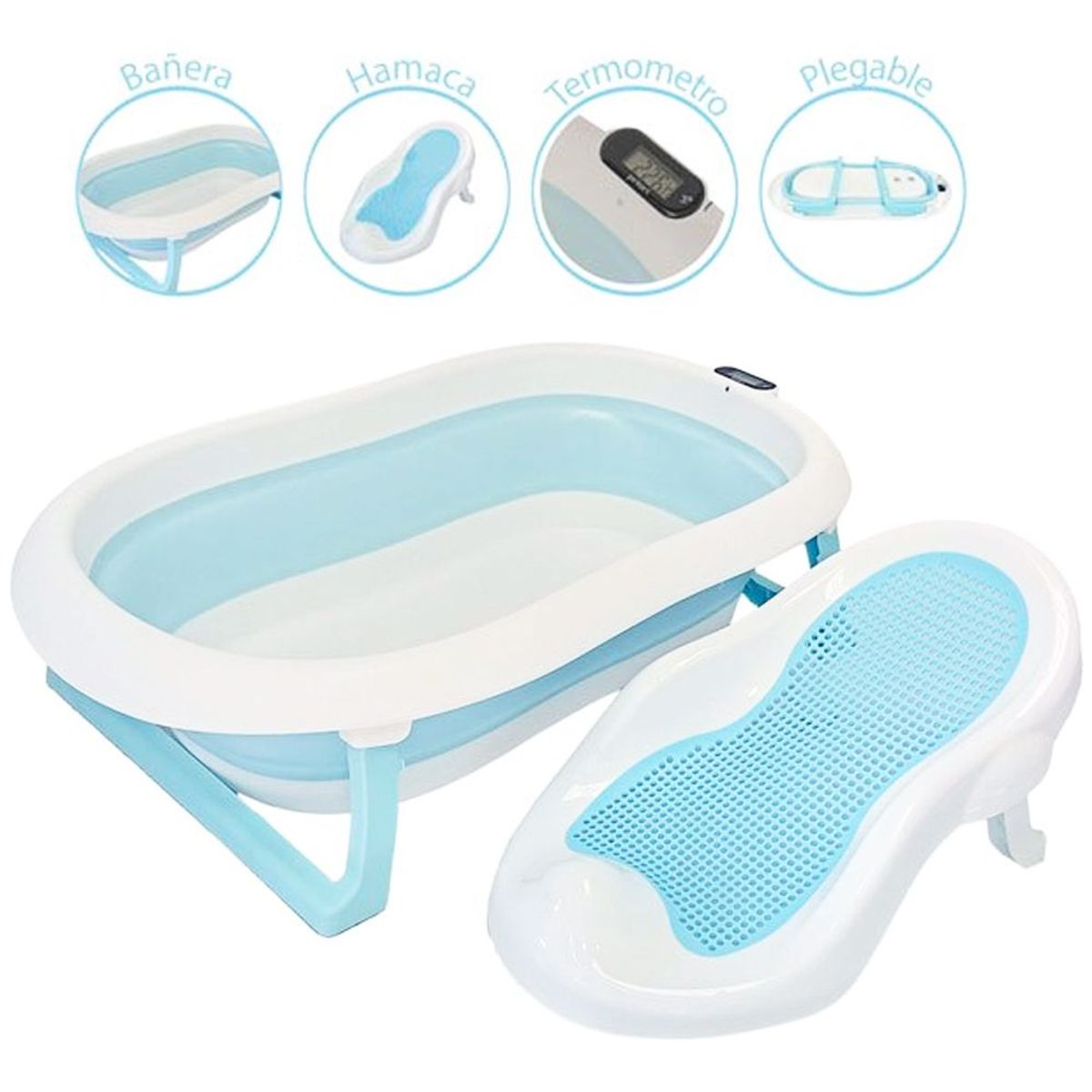 SEA HARVEST - Bañera Plegable Tina de Baño con Termómetro Digital Azul