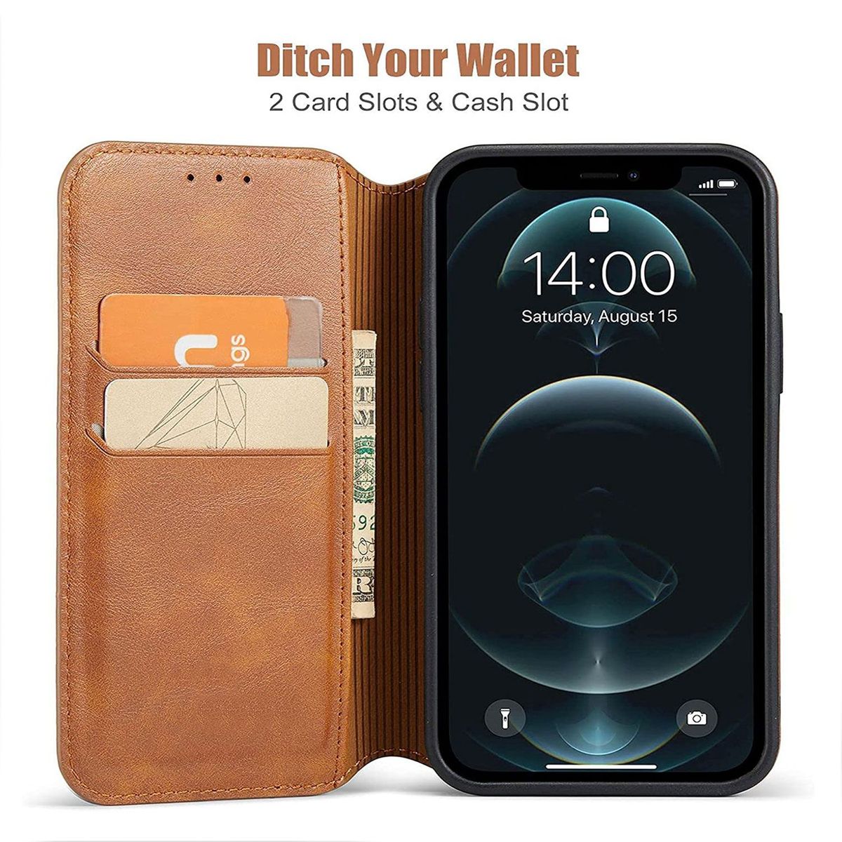 GENERICO - Funda de Cuero PU para Iphone 14 Pro Max tapa magnética Marrón