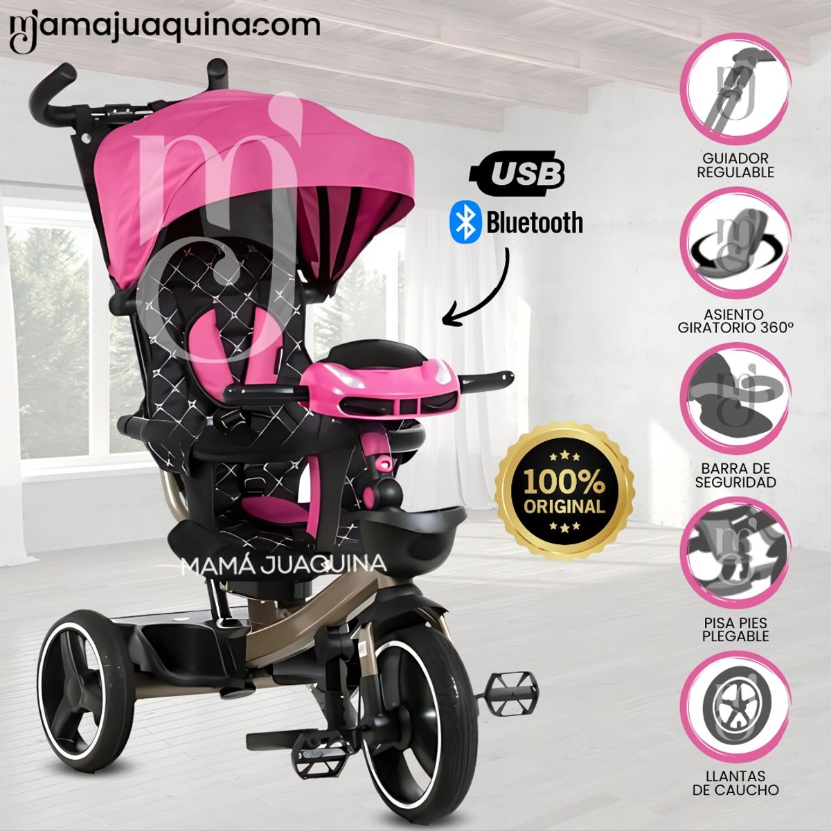 EBABY - Triciclo Guiador Giratorio »SANTORINI» USB Pink