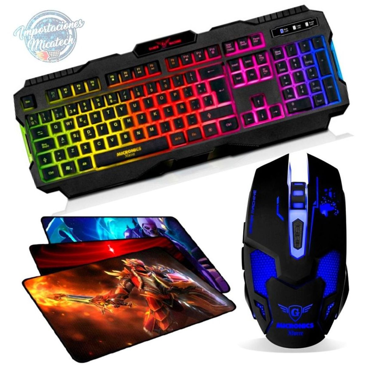 MICRONICS - Kit gamer 3 en 1: teclado gamer rgb + mouse 3200dpi + pad-