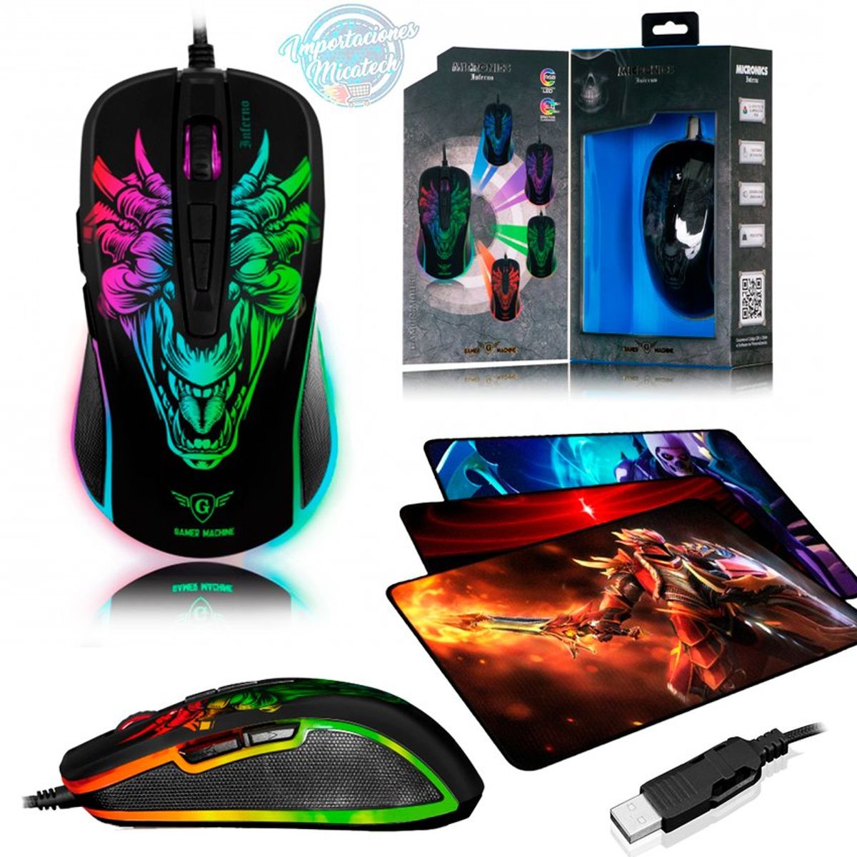 MICRONICS - Mouse gamer micronics inferno rgb 7200 dpi +pad