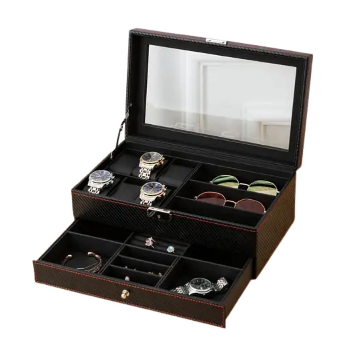 GENERICO - Porta relojes fibra de carbono para 12 relojes mas joyero